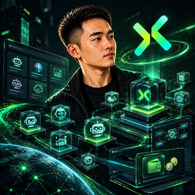 A man stands in a futuristic, tech-themed environment surrounded by glowing green holographic icons representing AI, chat, and web features. A large glowing 'X' symbol hovers prominently in the background.