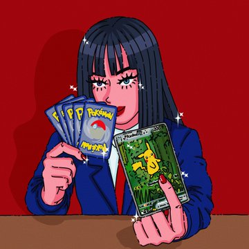 A cartoon-style illustration of a woman with dark hair holding up several Pokémon trading cards, including a Pikachu card, against a red background.
