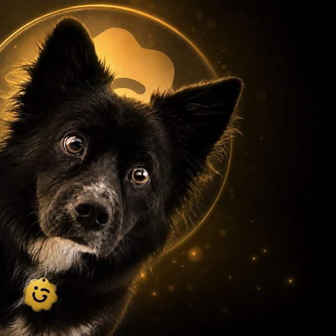 A close-up portrait of a black dog with a white patch on its chest wears a yellow smiley face tag, set against a dark background with a glowing golden circular design.