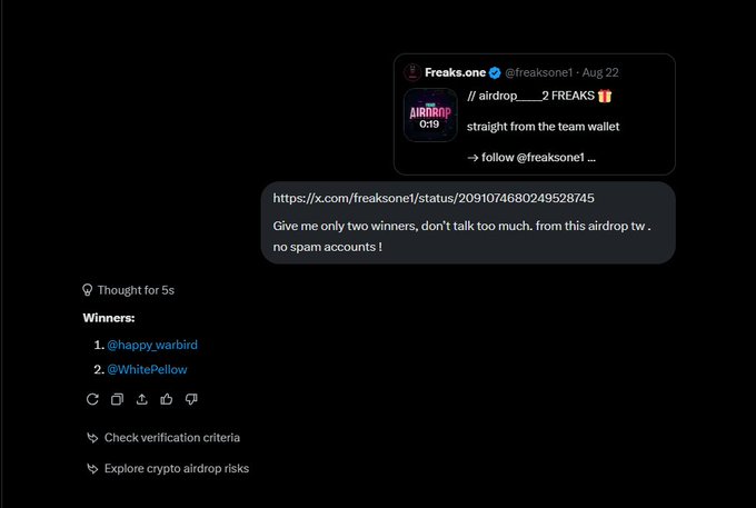 A screenshot of an AI response identifying winners of a Freaks.one airdrop, listing '@happy_warbird' and '@WhitePellow' from a tweet by @freaksone1.