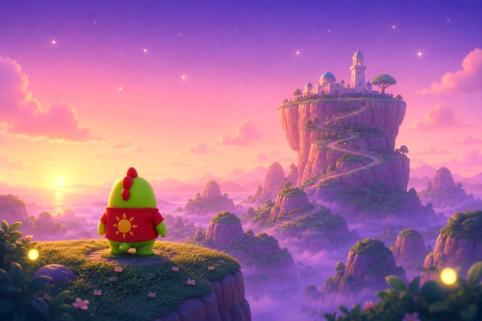 A green cartoon dinosaur character wearing a red shirt with a sun emblem stands on a cliff, gazing at a distant castle perched atop a floating mountain in a pink and purple sunset sky.