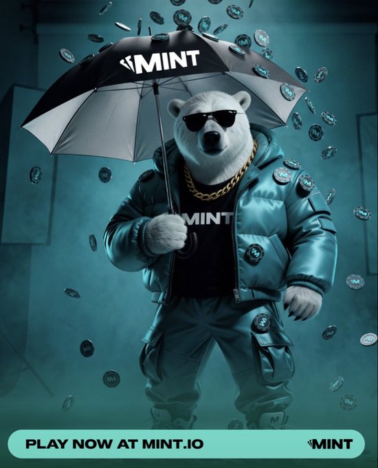 A polar bear wearing sunglasses, a puffer jacket, and gold chain holding a 'MINT' umbrella while coins rain down, with text 'PLAY NOW AT MINT.IO' at the bottom.