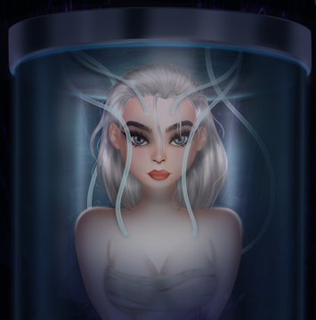 Digital artwork of a pale-skinned woman with silver hair floating in a glass cylinder of liquid, evoking a sci-fi tank scene.