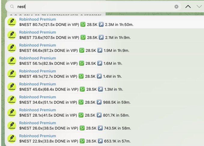 A screenshot of a search interface showing multiple "Robinhood Premium" alerts for the $NEST token at various price points (ranging from $NEST 22.9x to 80.7x) with VIP tier percentages, all at a 28.5K size tier and varying hold times, illustrating the trading bot's signal history that led to the profitable 156x entry on $NEST mentioned in the accompanying post.