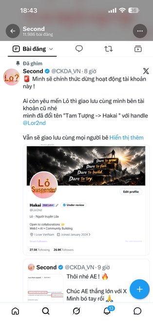 A screenshot of a Vietnamese Twitter/X feed showing a post from the account 'Second' (@CKDA_VN) with the text 'Mình sẽ chính thức dừng hoạt động tài khoản này!' (I will officially stop using this account!) and 11,300 reposts.