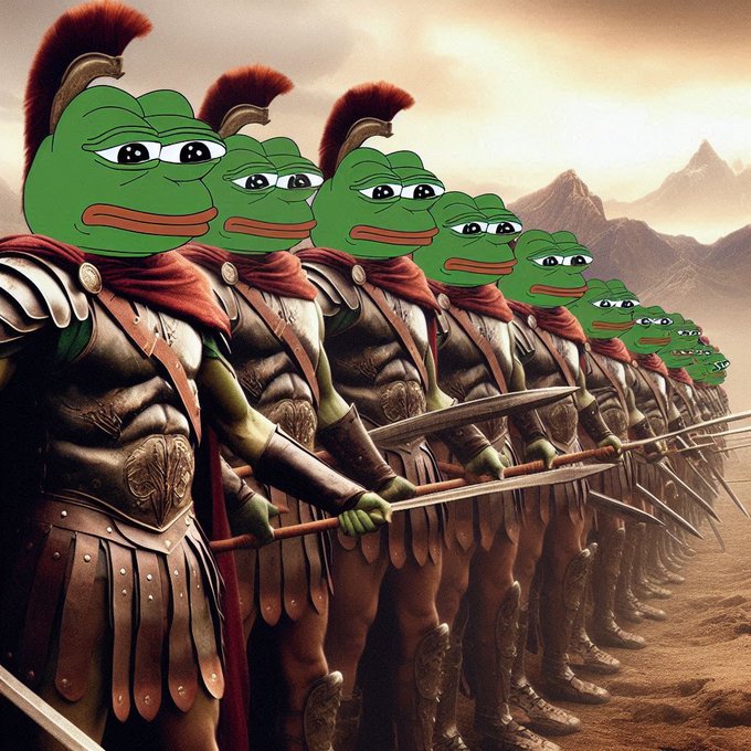 A lineup of armored warrior frogs with spears stands in formation against a mountainous backdrop, evoking the iconic Pepe meme's resilience. The image visually reinforces "$PEPE is holding strong" by depicting the meme character as an unyielding, battle-ready legion.