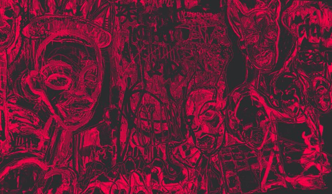 An abstract, high-contrast red and black digital artwork featuring distorted figures, faces, and graffiti-like markings.