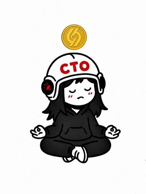 A cartoon girl wearing a white helmet labeled "CTO" and a black hoodie, meditating in lotus position with a gold coin hovering above her head.