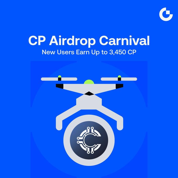 A promotional graphic for the "CP Airdrop Carnival" on a blue background features a stylized white drone illustration, with the headline "New Users Earn Up to 3,450 CP" and the Gate.io logo in the top right, visually highlighting the trading challenges mentioned in the post.