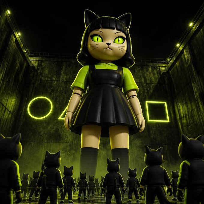 A 3D-rendered scene featuring a giant girl with black hair, cat ears, and glowing green eyes wearing a black and green dress, surrounded by an army of smaller black cat figures in a dark industrial setting with glowing geometric shapes.