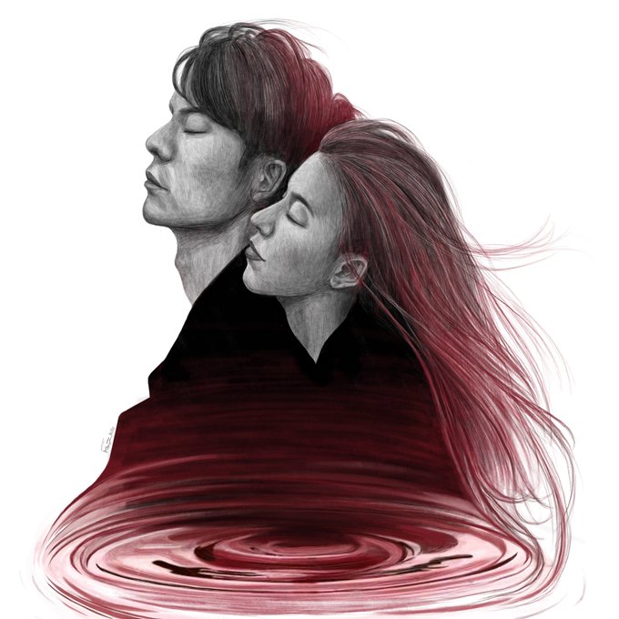 A surreal digital illustration depicts a man and woman in grayscale with flowing crimson hair that transitions into rippling red water at their base.