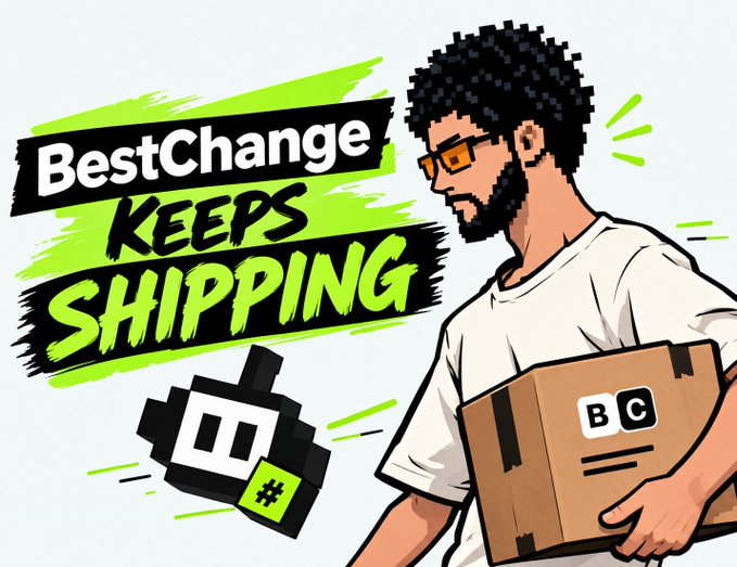 A cartoon-style graphic features a Black man with glasses and a beard holding a cardboard box marked 'BC', accompanied by the text 'BestChange KEEPS SHIPPING' and a pixelated robot character.