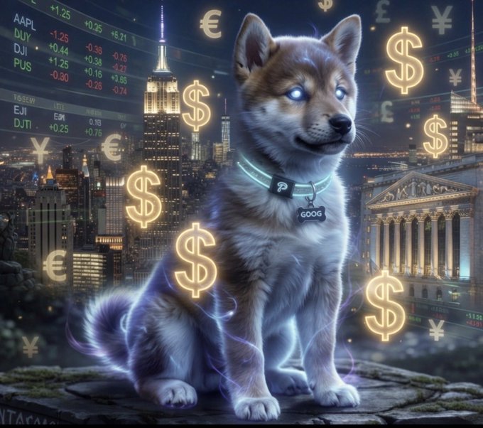 The image features a small dog sitting on top of a rock, surrounded by various symbols related to money such as dollar signs and coins. The dog appears to be wearing a collar with a tag that says "Good Dog". In the background, there are buildings representing different countries, including the United States, China, and Germany. The image also contains text about a project called "Memecoin" and a game called "Spendable Reserve Currency Staking", which is related to the concept of digital currency or blockchain technology.