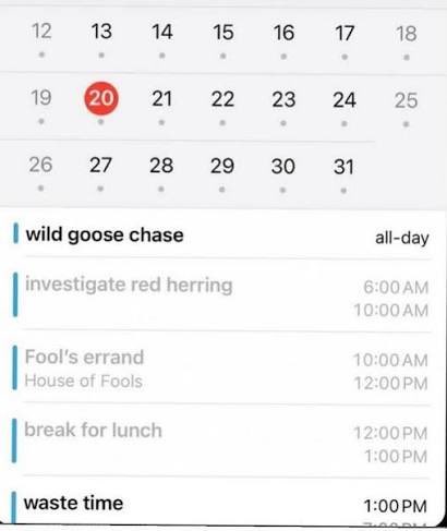 A calendar showing December 20 highlighted in red, with the day's schedule humorously listing "wild goose chase" (all-day), "investigate red herring" (6:00-10:00 AM), "Fool's errand" at "House of Fools" (10:00 AM-12:00 PM), "break for lunch" (12:00-1:00 PM), and "waste time" (starting 1:00 PM) — satirically mocking the leaked ENS Labs DAO treasury usage schedule as a series of unproductive activities.