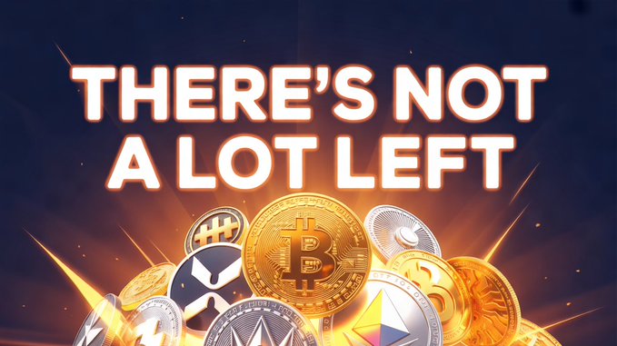A promotional graphic features bold white text reading "THERE'S NOT A LOT LEFT" against a dark blue background with dramatic light rays. Below the text, various cryptocurrency coins are displayed, including Bitcoin (BTC), XRP, Ethereum (ETH), Litecoin (LTC), and Cardano (ADA), visually reinforcing the video's focus on dwindling crypto supply amid bullish market trends and ETF impacts.