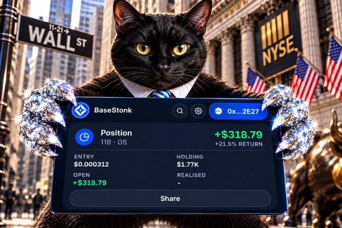 A black cat in a suit holds a phone displaying a 'BaseStonk' position with +$318.79 return, with Wall Street and NYSE signs in the background.