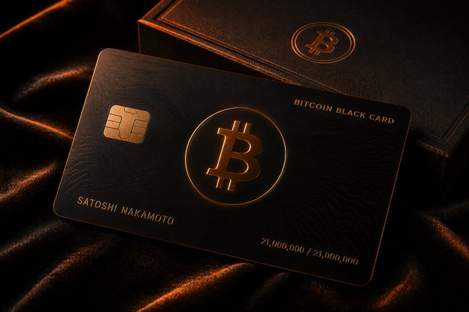 A black "Bitcoin Black Card" issued to "Satoshi Nakamoto" rests on a luxurious black surface next to a matching box, both emblazoned with the gold Bitcoin logo and numbered "21,000,000 / 21,000,000" — symbolizing the exclusive, once-in-a-lifetime nature of the elite Bitcoin holder, perfectly complementing the post's message that "not everyone gets the black card."