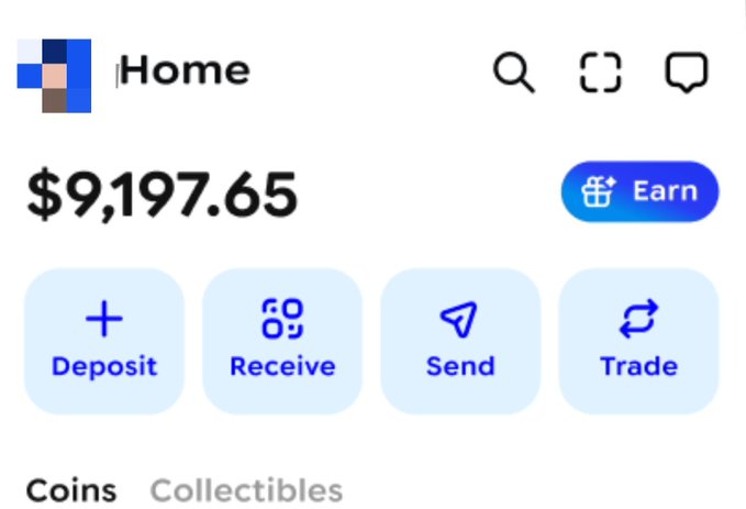 The image shows a cryptocurrency wallet home screen displaying a balance of $9,197.65 with options to Deposit, Receive, Send, and Trade, alongside an "Earn" button. It connects to the post by illustrating the concept of having liquidity ready in a wallet, which the author suggests will be crucial for profiting from the upcoming $LAPTOP token launch.