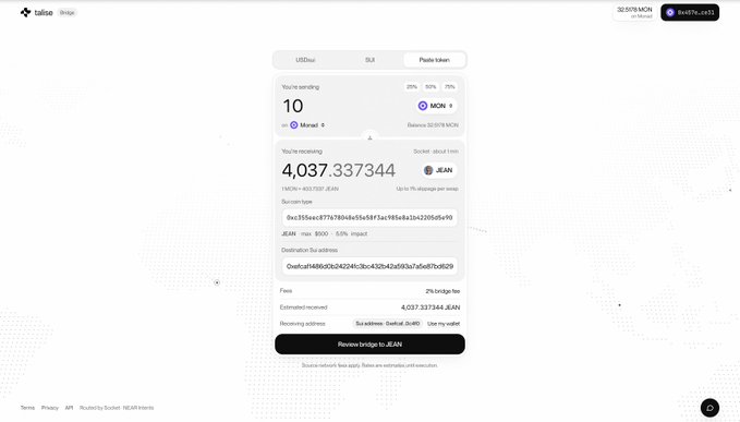 Screenshot of a Talse Bridge interface showing a token swap transaction: sending 10 MON to receive approximately 4,037.337344 JEAN, with a 2% bridge fee and a hash of 0xc6caf1466b06b3424f6c8c442b4d4036a7a8d07b0829.