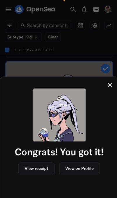 A screenshot from OpenSea shows a successful NFT purchase confirmation with "Congrats! You got it!" displayed above "View receipt" and "View on Profile" buttons, featuring a digital artwork of a white-haired anime-style character with an eyepatch holding a globe. The "Some more Sunday shopping" caption relates to the image as it depicts a casual NFT purchase made on a Sunday, with the filtered search "Subtype: Kid" and "1 / 1,077 SELECTED" indicating the user was browsing a collection before buying.