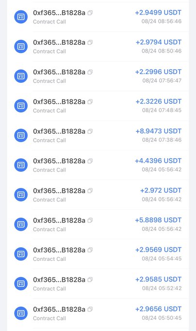 A list of cryptocurrency contract call transactions, all involving address 0xf365...B1828a, with various USDT amounts ranging from +2.2996 to +8.9473, dated 08/24.