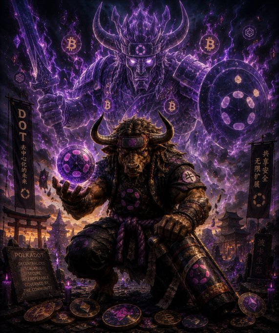 A fantasy artwork featuring a horned warrior character surrounded by purple energy, Bitcoin logos, and a large ethereal figure, with banners displaying 'DOT' and text reading 'POLKADOT DECENTRALIZED SCALABLE SECURE INTEROPERABLE GOVERNED BY THE COMMUNITY.'