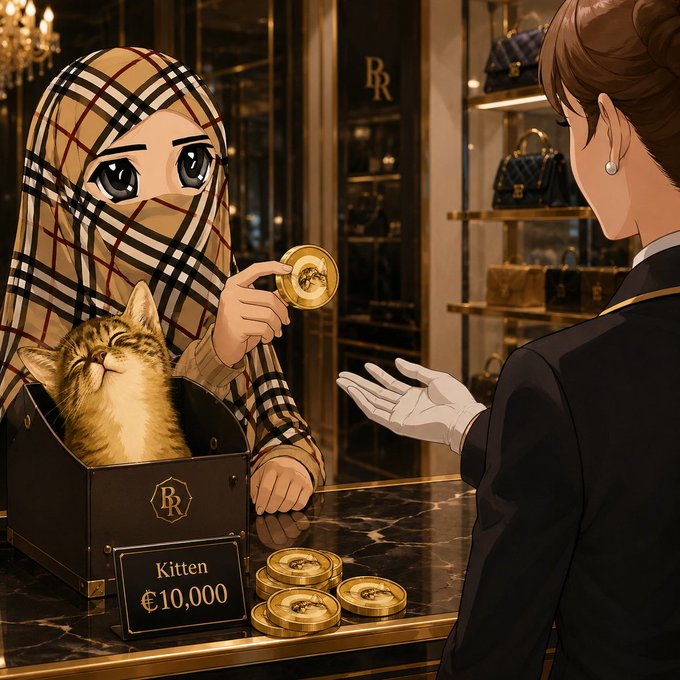 Anime-style illustration of a character wearing a Burberry plaid scarf and mask holding gold coins, accompanied by a tabby kitten in a Burberry box priced at €10,000, being served by a white-gloved shop attendant in a luxury boutique.