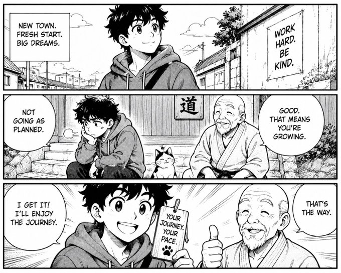 A three-panel black-and-white manga strip where a young man with big dreams moves to a new town, struggles initially ('Not going as planned'), meets a kind old master with a cat who tells him 'That means you're growing,' and finally embraces the journey.