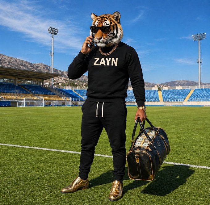 An anthropomorphic tiger wearing sunglasses, a gold chain, and a black sweatshirt reading "ZAYN" stands on a soccer field holding a phone and a duffel bag overflowing with cash.

The image visually represents the post's praise of @Zaynnode as a "legendary" crypto trader, using the flashy tiger mascot, stacks of money, and stadium backdrop to symbolize his success, wealth, and top-tier status in the trading community.