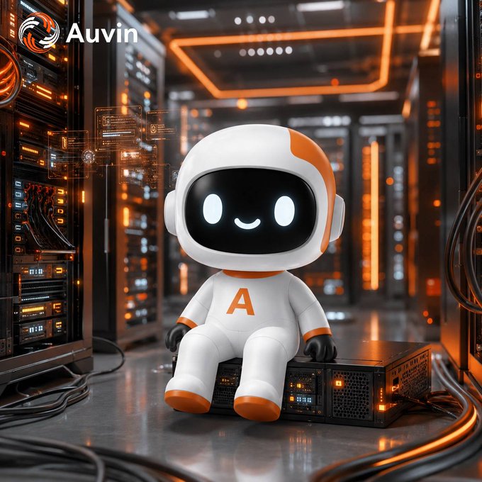 A friendly white and orange robot mascot featuring the letter "A" on its chest sits atop a network device within a futuristic server room, with the "Auvin" logo visible in the corner. The image visually reinforces the post's message about Auvin's Layer1 blockchain, using the cute, approachable robot to symbolize the autonomous AI agents that will benefit from its fast 2-second block times.