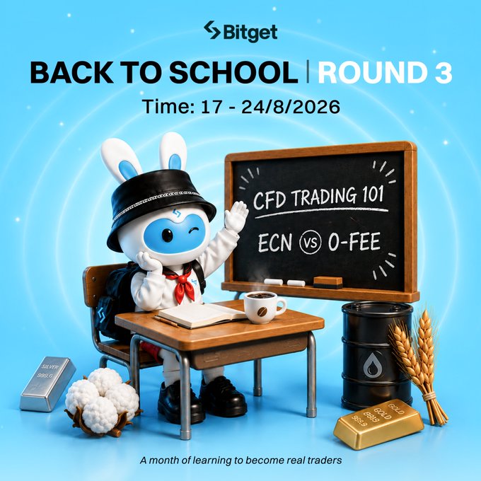 The image is a promotional graphic for Bitget's "Back to School Round 3" event (August 17-24, 2026), featuring the Bitget bunny mascot dressed as a student at a chalkboard labeled "CFD Trading 101: ECN vs O-Fee," surrounded by trading-related props like gold bars, cotton, oil, and wheat, with the tagline "A month of learning to become real traders."