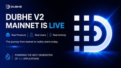 An advertisement graphic for 'DUBHE V2' with the tagline 'DUBHE MAINNET IS LIVE,' featuring logos for New Products, Real Users, and Real Activity on a blue background.