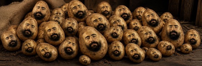 A pile of potatoes with faces edited to resemble the meme "Mertato" (a meme version of crypto personality Mert), jokingly comparing Solana (SOL) and its builder Mert to a potato—dismissive of critics who call SOL worthless while acknowledging Mert's relevance to the ecosystem. The token contract "CpFv3pREwYYKo6jNS25cPTHAKnH8JTiQjkPLwhkZpump" is visible, tying the image to the associated meme coin launch.