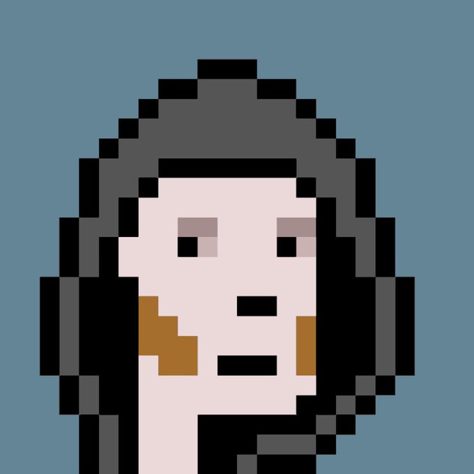 A pixel art portrait of a hooded figure with a pale face and neutral expression set against a solid blue background.