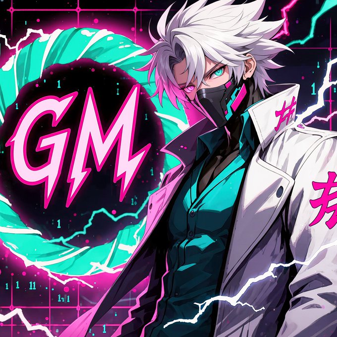 An anime-style illustration of a white-haired male character in a mask and coat next to a pink and cyan "GM" logo with lightning effects and binary code in the background.