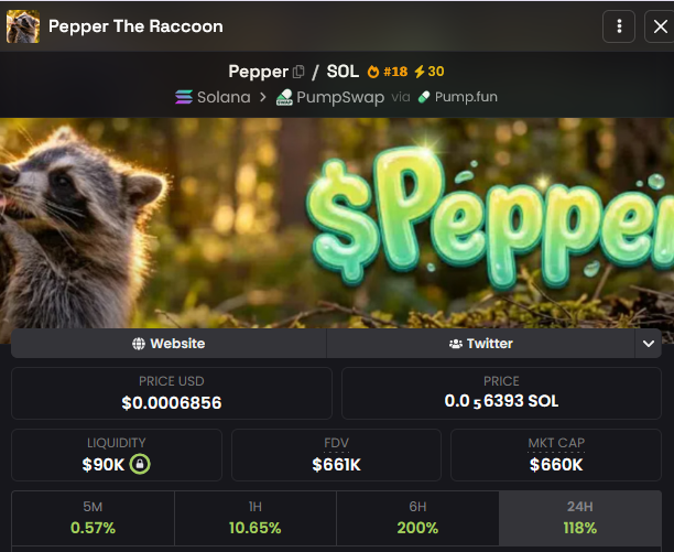 A screenshot of the Pump.fun token page for “Pepper The Raccoon,” showing $PEPPER/SOL on Solana with a price of $0.0006856, liquidity of $90K, FDV and market cap of $661K/$660K, and gains of 0.57% (5M), 10.65% (1H), 200% (6H), and 118% (24H). The post argues that $PEPPER has only $700K in market cap and could rise without a ceiling, matching the token page’s bullish momentum and raccoon branding.