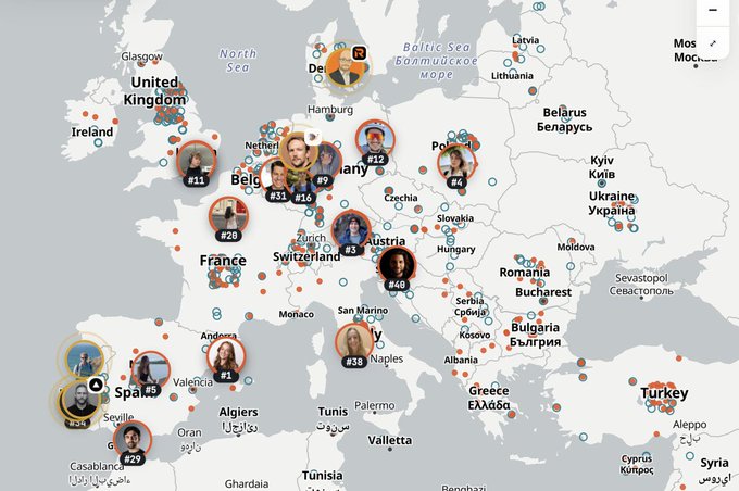 This image displays an interactive map of Europe and surrounding regions highlighting various crypto builders and founders, with numbered profile photos (e.g., #11, #14, #20, #34, #38) clustered around countries like the United Kingdom, Germany, Spain, Italy, and France. The map corresponds to a community post celebrating a trending intro session, with a shoutout to @verbove for creating this visualization at makermap.lol/coinempress.