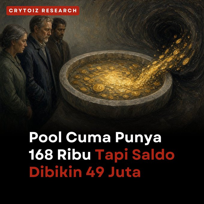A promotional graphic from 'CRYTOIZ RESEARCH' showing people looking into a stone basin filled with Bitcoin coins swirling into a vortex, with the text 'Pool Cuma Punya 168 Ribu Tapi Saldo Dibikin 49 Juta'.