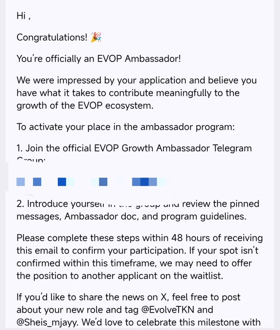 The image shows a congratulatory email confirming the recipient's official acceptance into the EVOP (EvolveTKN) Ambassador Program, with instructions to join a Telegram group and introduce themselves within 48 hours to secure their spot. The accompanying post celebrates this achievement, announcing acceptance into the first cohort of the @EvolveTKN Ambassador Program and expressing enthusiasm for contributing to the EVOP ecosystem.