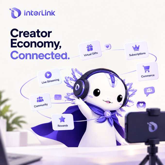 A promotional image for InterLink featuring a cute white mascot character wearing headphones and a purple cape, surrounded by floating icons labeled "Virtual Gifts," "Subscriptions," "Commerce," "Live Streaming," "Community," and "Rewards." The headline reads "Creator Economy, Connected," visually illustrating the post's message about how InterLink unifies the various components of the creator economy into one connected platform.