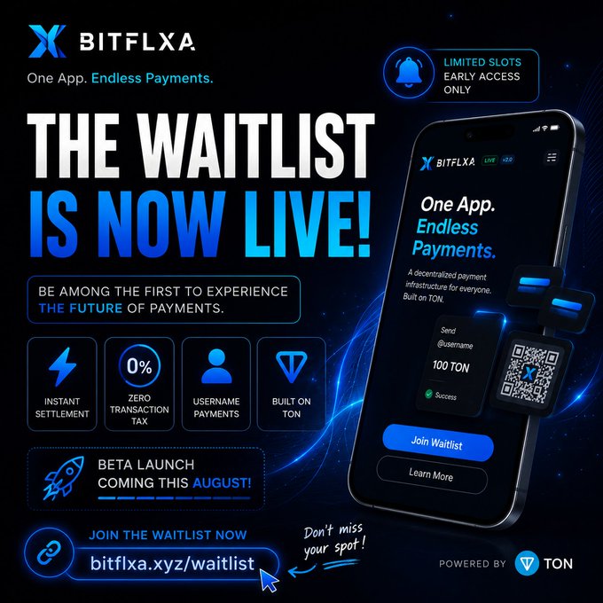 A promotional graphic announcing that BITFLXA's beta waitlist is now live, featuring the tagline "One App. Endless Payments." and showcasing an app mockup built on TON with features like instant settlement, 0% transaction tax, and username payments, directing users to join at bitflxa.xyz/waitlist ahead of the August beta launch.