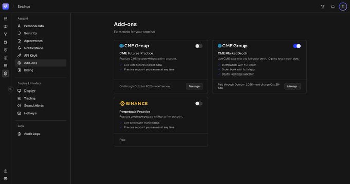 A dark-themed Settings interface for a trading or financial platform showing the 'Add-ons' page with toggle options for CME Group Futures Practice (free), CME Market Depth ($45 paid), and BINANCE Perpetuals Practice (free).