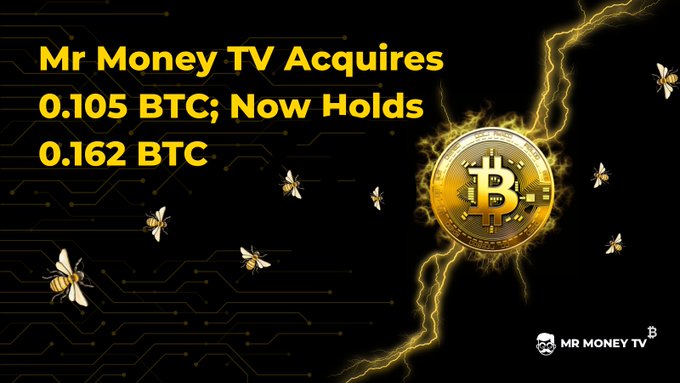 The image features a gold-colored Bitcoin symbol with a lightning bolt behind it, surrounded by numerous bees flying around it. The background of the image is black, which contrasts with the gold color of the Bitcoin symbol. Below the Bitcoin symbol, there's text that reads "Mr Money TV Acquires 0.105 BTC: Now Holds 0.62 Btc". This suggests that a company or individual has recently acquired Bitcoins and is now holding them. The phrase "Keep stacking those sats" implies that the person who owns these Bitcoins might be accumulating more of them, possibly for future use or investment purposes.