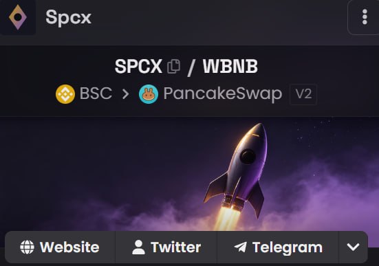 A cryptocurrency trading interface showing the SPCX/WBNB token pair on PancakeSwap V2 via BSC network, featuring a rocket ship graphic.