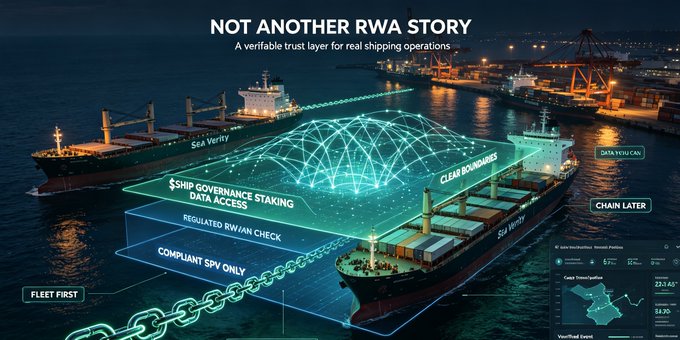 A promotional graphic titled 'NOT ANOTHER RWA STORY' showing cargo ships at a port with an overlaid holographic blockchain network, highlighting features like '$SHIP GOVERNANCE STAKING DATA ACCESS' and 'COMPLIANT SPV ONLY'.