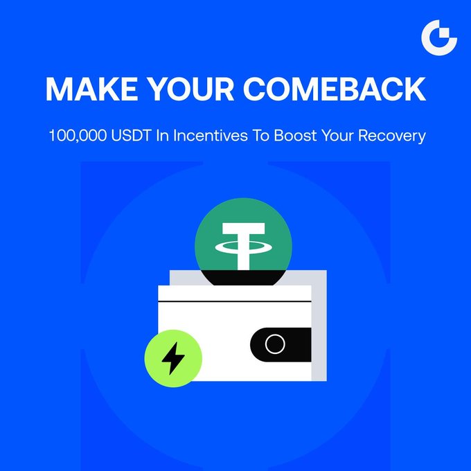 The image features a blue background with white text that reads "Make Your COMEBACK WITH 100,000 USDT IN INCENTIVES TO BOOT YOUR RECOVERY". Below this, there are two icons - one of a green ball and another of a lightning bolt. The text also mentions the possibility of earning up to 5,000 USDT in Bot Trial Funds if users reach trading volume milestones.