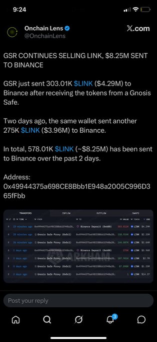A Twitter/X post from Onchain Lens (@OnchainLens) reporting: 'GSR CONTINUES SELLING LINK, $8.25M SENT TO BINANCE', detailing LINK token transfers from a Gnosis Safe to Binance, with a transaction table shown below.