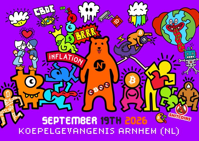 A colorful event poster for 'SHITCOINS' on 'SEPTEMBER 19TH 2026' at 'KOEPELGEVANGENIS ARNHEM (NL)', featuring cartoon-style characters with 'INFLATION', 'BRRR', and 'CBDC' text on a purple background.