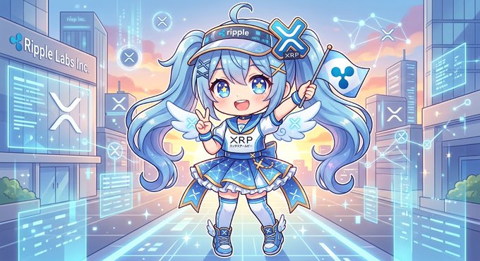 An anime-style XRP mascot with long blue hair, a Ripple cap, and a flag poses cheerfully in front of the Ripple Labs Inc. building, adorned with XRP logos and digital code streams. The image directly promotes the limited free distribution of this mascot 3D character for the browser game "Ripple City."