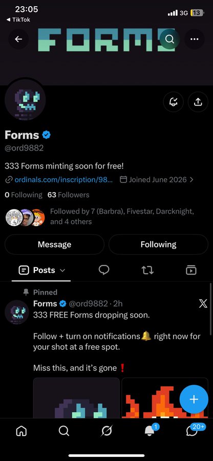 A TikTok profile screenshot of 'Forms' (@ord9882) with a blue verified checkmark, displaying '333 Forms minting soon for free!' and a pinned post reading '333 FREE Forms dropping soon. Follow + turn on notifications right now for your shot at a free spot. Miss this, and it's gone!'